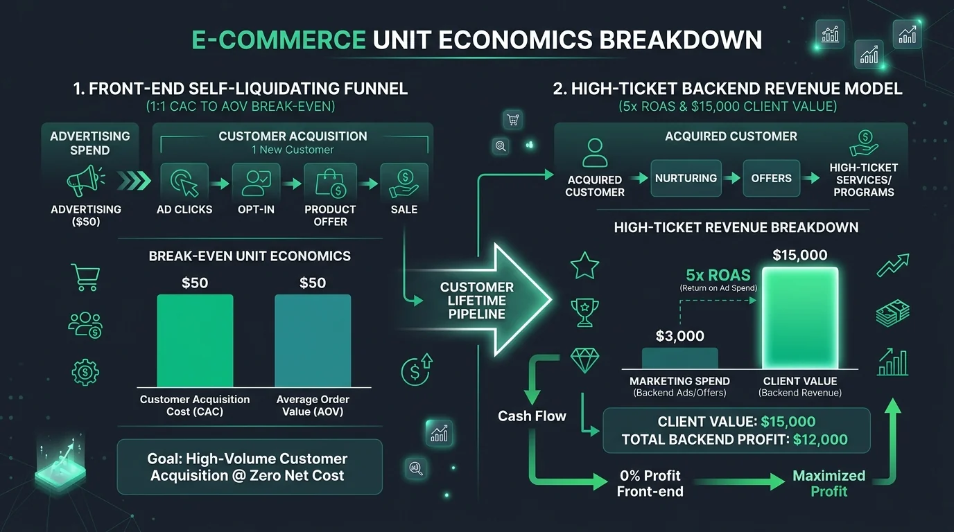 Financial infographic detailing self-liquidating customer acquisition cost and high-ticket backend ROI for AI portfolio systems
