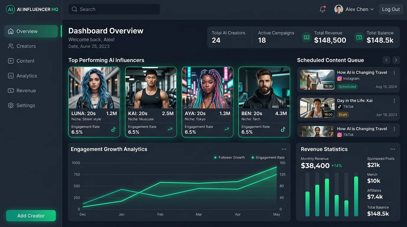 Dashboard interface preview of a done-for-you AI influencer portfolio showing virtual model content assets and analytics