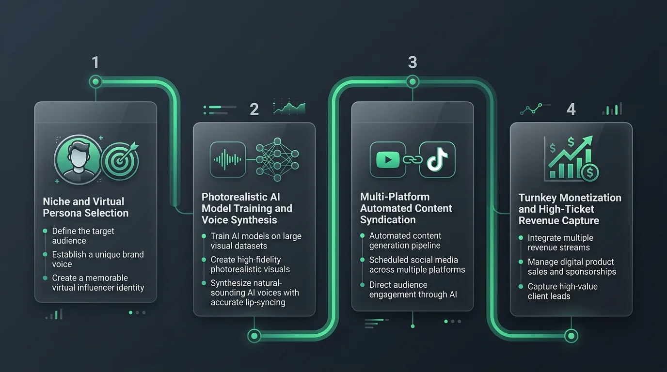 Step-by-step workflow diagram illustrating the 24-hour setup of automated faceless video channels and script-to-video production