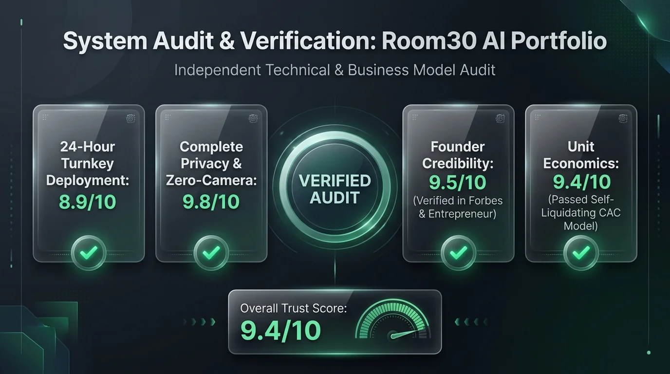 Independent system audit scorecard and verification for Room30 AI Influencer Portfolio showing 9.4 trust score and evaluation metrics
